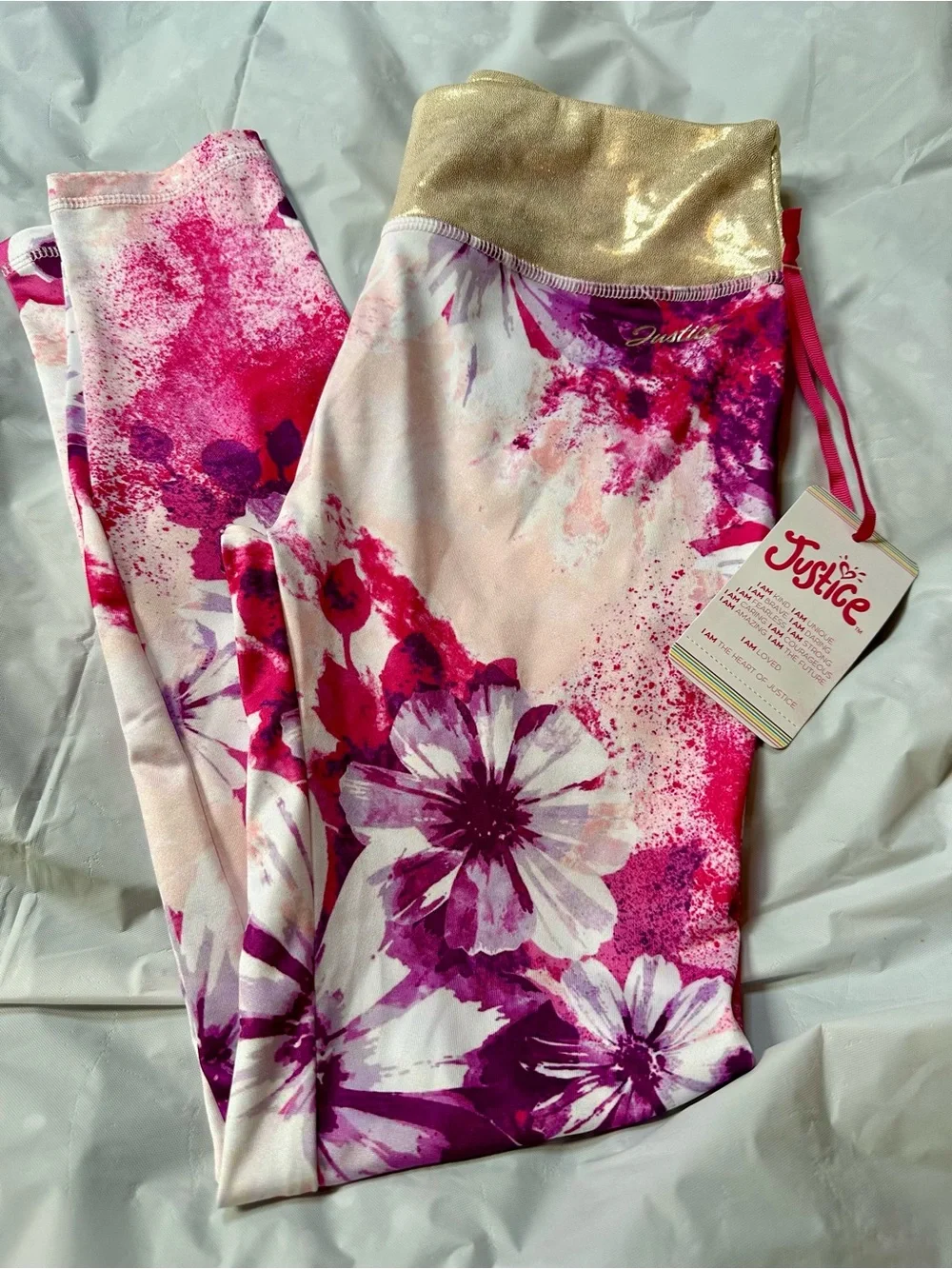 Justice Pink Purple Floral Leggings with Gold Waistband